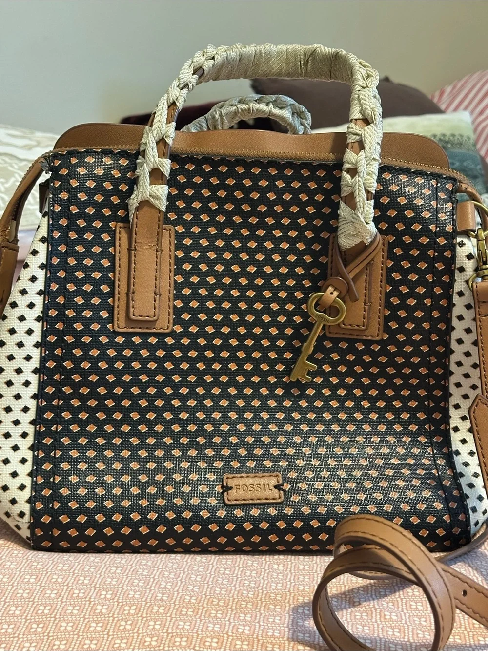 Fossil Black and Tan Patterned Satchel with White Sides
